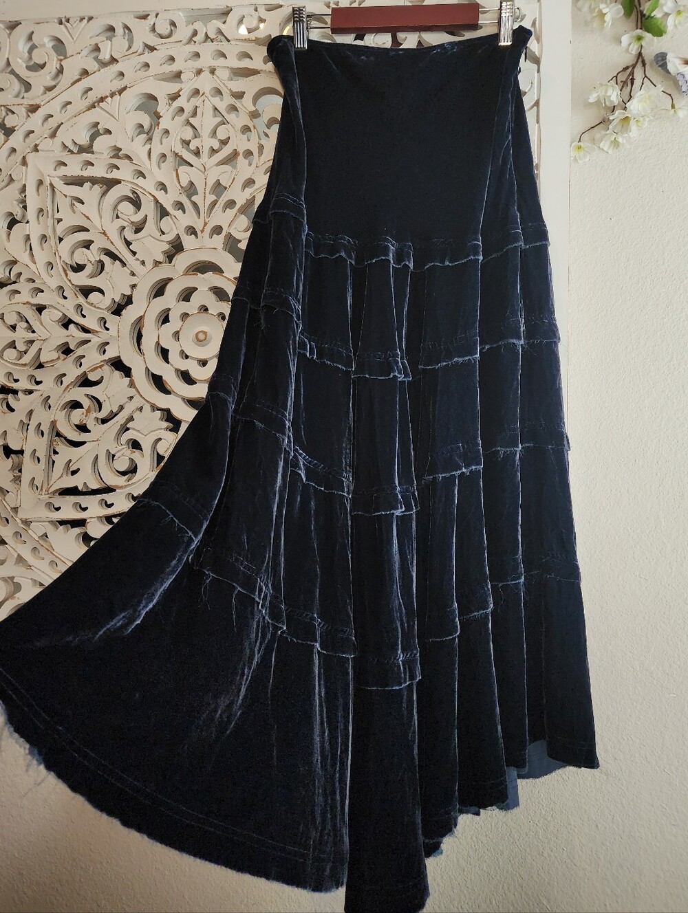 Ideology Velvet Maxi Tiered Skirt in Dark Navy